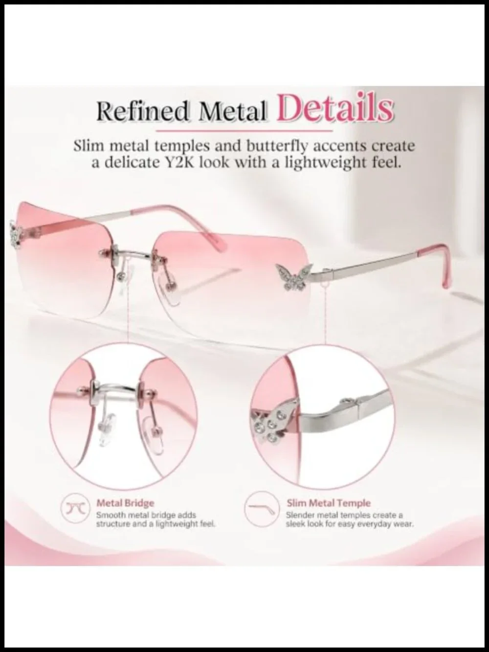 Y2K Rimless Rectangle Butterfly Sunglasses for Women UV400 Gradient Lenses